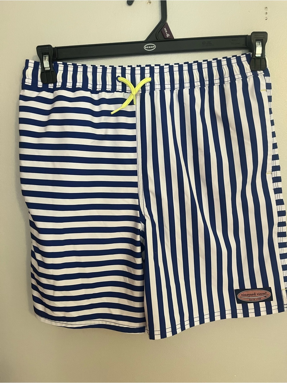 Vineyard Vines Blue & White Striped Kids Swim Trunks with Neon Yellow Drawstring